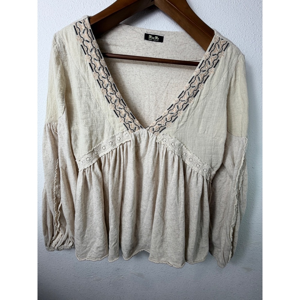 Miss Me Women Blouse Beige Medium Boho Embroidered Lace V-Neck Babydoll Top